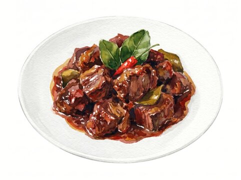 Gourmet watercolor illustration of savory braised beef stew, rich dark sauce, aromatic kaffir lime and chili garnish. Isolated on white, ideal for authentic culinary art, menu, and food branding.