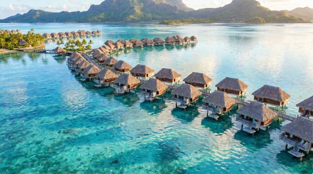 Impressionist Oil Painting of Bora Bora Turquoise Lagoon with Overwater Bungalows