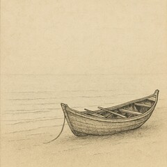 Obraz premium Simple vintage sketch of a wooden fishing boat with oars in a minimalist landscape