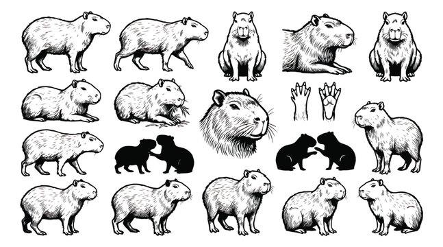 Vintage capybara illustration set, hand drawn wild animal sketches in engraving style, black and white rodent vector collection for nature branding