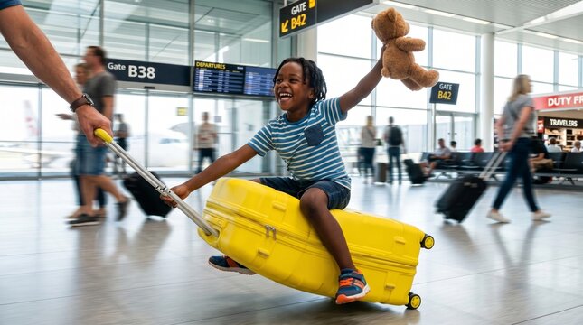 Happy boy riding on a yellow suitcase at the airport