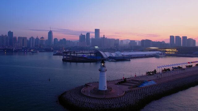 Early morning aerial view of Lover's Dam in Qingdao, Shandong Province, China	