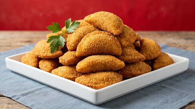 Commercial close-up food photography of traditional Brazilian rissoles crescent-shaped breaded croquettes piled in a modern white square platter with a fresh parsley garnish &ndash; premium snack branding, 