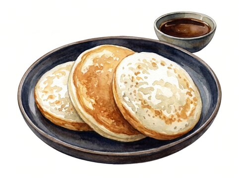Artistic Watercolor Illustration: Golden Pancakes on Dark Plate with Rich Brown Syrup. Hand-Drawn Breakfast Snack, Isolated White for Culinary Menus, Recipes, Food Blogs.