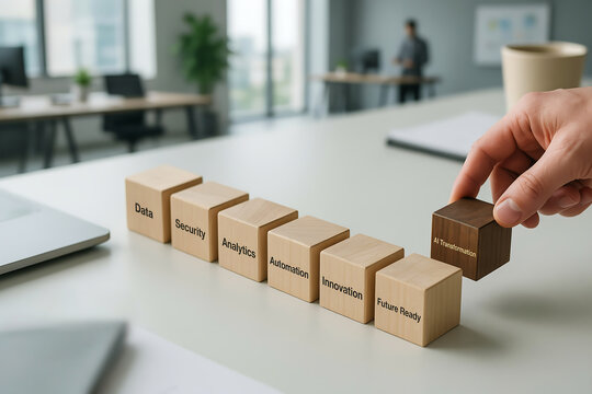 Hand placing IT transformation block next to data, security, analytics, automation, innovation, and future ready wooden cubes in modern office.
