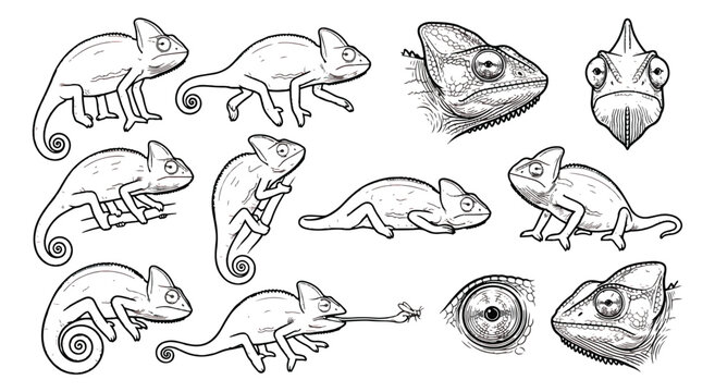 Vintage chameleon lizard sketch set, hand drawn reptile illustrations in black and white, exotic animal vector collection for nature branding
