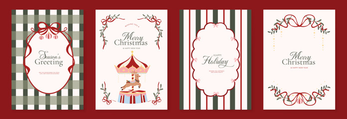 Vintage Christmas card vector template set. Elegant festive greeting designs with ribbons, tree, ornaments, holly frames and classic holiday typography for seasonal stationery. © TWINS DESIGN STUDIO