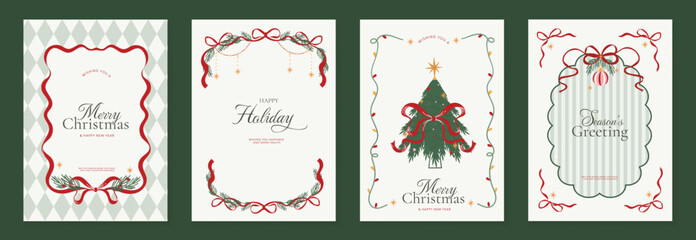 Obraz premium Vintage Christmas card vector template set. Elegant festive greeting designs with ribbons, tree, ornaments, holly frames and classic holiday typography for seasonal stationery.