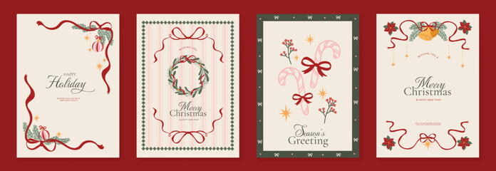 Obraz premium Vintage Christmas card vector template set. Elegant festive greeting designs with ribbons, tree, ornaments, holly frames and classic holiday typography for seasonal stationery.