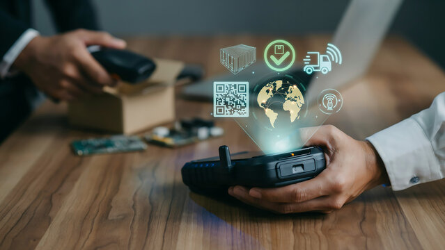 Logistics worker scanning package using handheld scanner with futuristic digital hologram for global supply chain inventory distribution tracking system