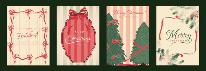 Vintage Christmas card vector template set. Elegant festive greeting designs with ribbons, tree, ornaments, holly frames and classic holiday typography for seasonal stationery. © TWINS DESIGN STUDIO