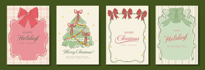 Obraz premium Vintage Christmas card vector template set. Elegant festive greeting designs with ribbons, tree, ornaments, holly frames and classic holiday typography for seasonal stationery.