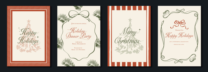 Obraz premium Vintage Christmas card vector template set. Elegant festive greeting designs with ribbons, tree, ornaments, holly frames and classic holiday typography for seasonal stationery.