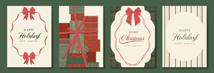 Vintage Christmas card vector template set. Elegant festive greeting designs with ribbons, tree, ornaments, holly frames and classic holiday typography for seasonal stationery. © TWINS DESIGN STUDIO