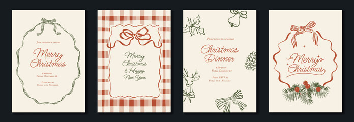 Vintage Christmas card vector template set. Elegant festive greeting designs with ribbons, tree, ornaments, holly frames and classic holiday typography for seasonal stationery. © TWINS DESIGN STUDIO