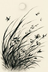 Fototapeta premium Monochrome ink painting of dragonflies above moonlit meadow
