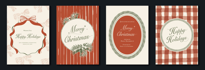Vintage Christmas card vector template set. Elegant festive greeting designs with ribbons, tree, ornaments, holly frames and classic holiday typography for seasonal stationery. © TWINS DESIGN STUDIO