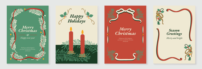 Vintage Christmas card vector template set. Elegant festive greeting designs with ribbons, tree, ornaments, holly frames and classic holiday typography for seasonal stationery. © TWINS DESIGN STUDIO