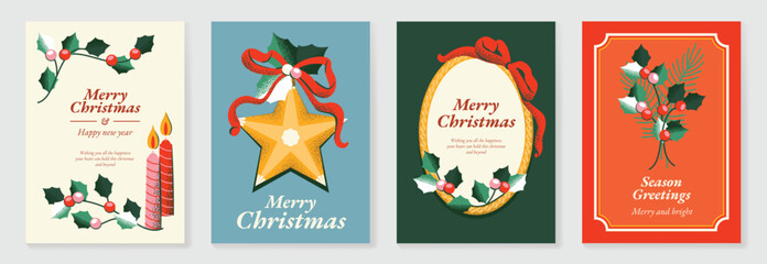 Vintage Christmas card vector template set. Elegant festive greeting designs with ribbons, tree, ornaments, holly frames and classic holiday typography for seasonal stationery. © TWINS DESIGN STUDIO