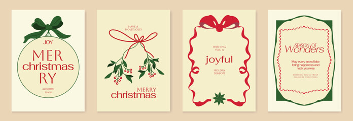 Vintage Christmas card vector template set. Elegant festive greeting designs with ribbons, tree, ornaments, holly frames and classic holiday typography for seasonal stationery. © TWINS DESIGN STUDIO