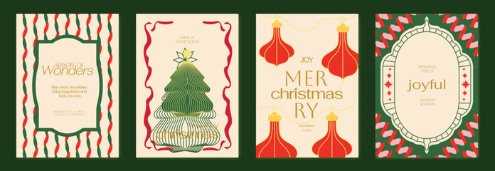Vintage Christmas card vector template set. Elegant festive greeting designs with ribbons, tree, ornaments, holly frames and classic holiday typography for seasonal stationery. © TWINS DESIGN STUDIO