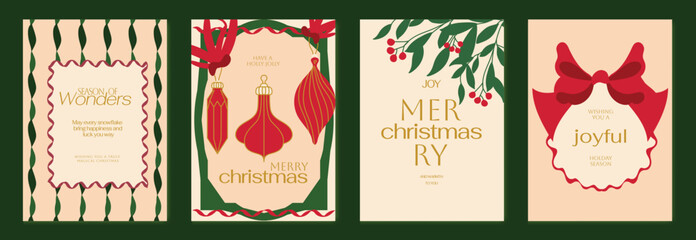 Vintage Christmas card vector template set. Elegant festive greeting designs with ribbons, tree, ornaments, holly frames and classic holiday typography for seasonal stationery. © TWINS DESIGN STUDIO