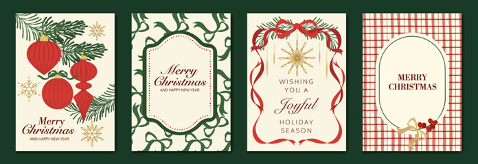 Vintage Christmas card vector template set. Elegant festive greeting designs with ribbons, tree, ornaments, holly frames and classic holiday typography for seasonal stationery. © TWINS DESIGN STUDIO