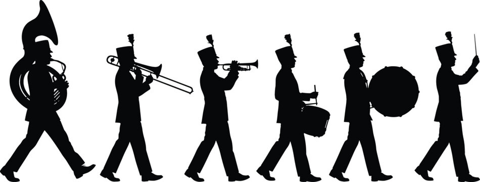 Marching Band Silhouette Vector Set Featuring Musicians Playing Trumpet Trombone Tuba Drums and Drum Major for Parade and Music Event Graphic Designs