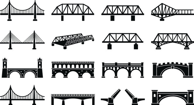 Bridge Silhouette Vector Icon Set Featuring Suspension Truss Arch Cable Stayed and Drawbridge Architectural Structures for Infographics and City Travel Designs