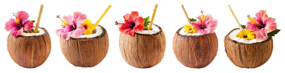Obraz premium PNG Tropical coconut drinks with flowers on transparent background