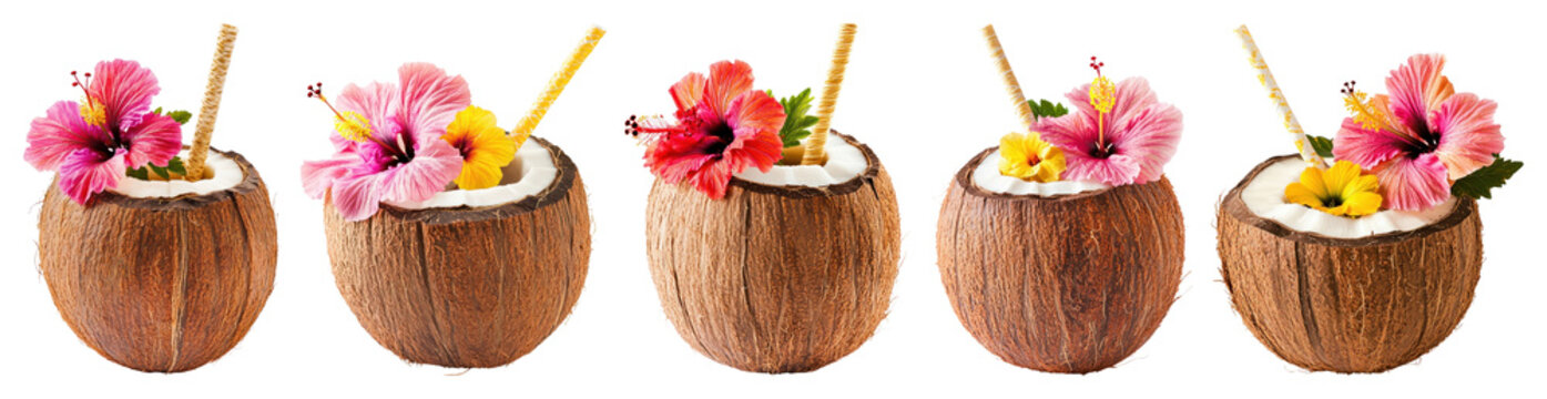 PNG Tropical coconut drinks with flowers on transparent background