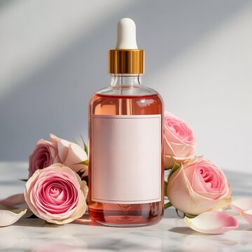 Luxury cosmetic glass serum bottle with blank label and pink rose flowers