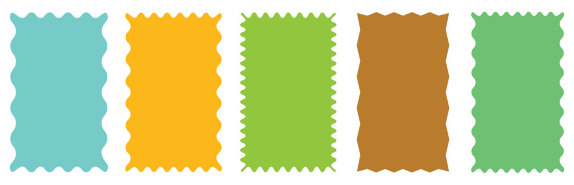 Rectangle shape frame with zigzag edge. Postage stamp borders. Zigzag wavy edges, rectangles, photo frames, text boxes, tags, labels. Cloudy wave curve edge frame vector set.