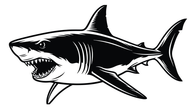 Great white shark vector illustration, aggressive shark mascot with open jaws and sharp teeth, black and white nautical predator graphic for logos
