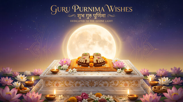 Guru Purnima sacred paduka altar with full moon, marigold flowers, lotus lamps, spiritual devotion illustration background