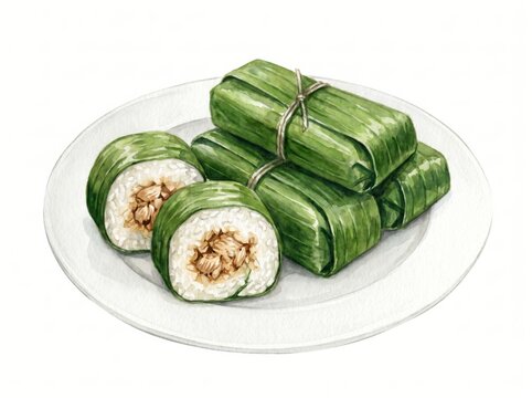 Watercolor Illustration of Indonesian Lemper: Traditional Savory Sticky Rice Snack Wrapped in Banana Leaves on White Plate. Perfect for Asian Food Menus, Blogs, and Cultural Designs.