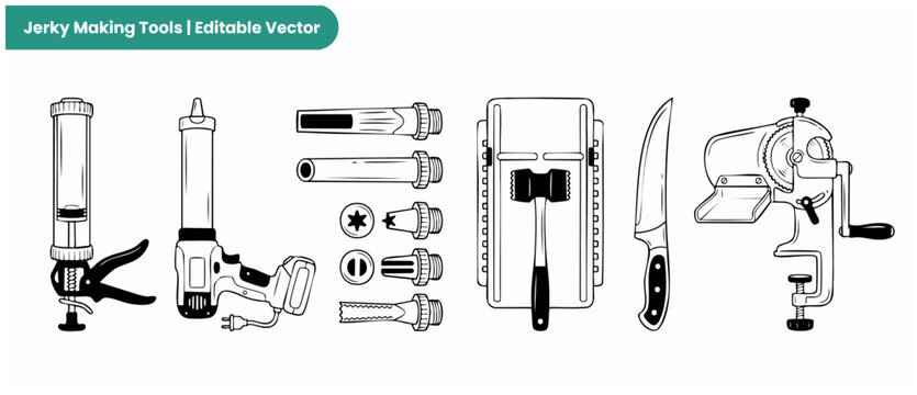 Jerky making tools vector illustration showing meat preparation equipment set for homemade beef jerky production, featuring kitchen line art icon designs isolated on a clean white background.