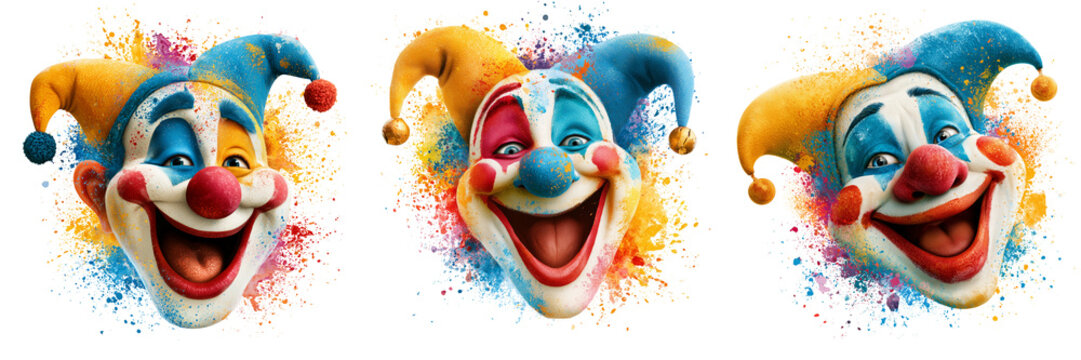Set of A festive clown hat with confetti-inspired patterns and cheerful design, placed centrally on transparent png background. Ai generated