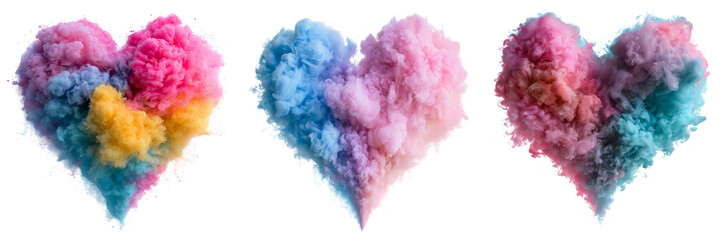 Fototapeta premium Set of Abstract heart shape made of exploding colored powder, vivid multicolor explosion frozen mid-air, soft gradient blending of rainbow pigments on transparent png background. Ai generated