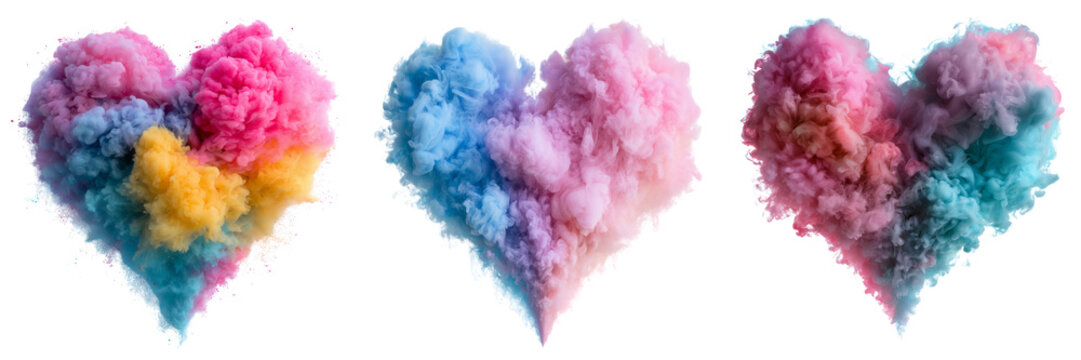 Set of Abstract heart shape made of exploding colored powder, vivid multicolor explosion frozen mid-air, soft gradient blending of rainbow pigments on transparent png background. Ai generated