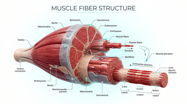 Detailed anatomical illustration showing the complex internal structure of human muscle fibers with labeled parts for biological educational scientific study