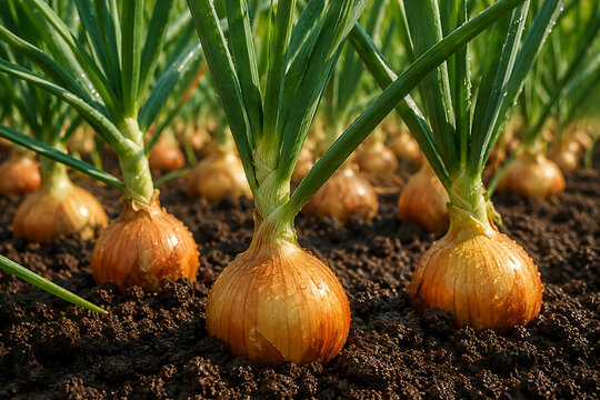 Close-up of mature onions growing in rows, ready to harvest, golden onion bulbs clearly visible above moist soil, green stalks fresh after watering, soft morning sunlight,