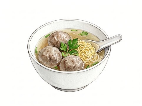 Watercolor illustration of Indonesian Bakso noodle soup with savory meatballs, golden noodles, and fresh herbs, a comforting Asian classic, isolated for food menus.