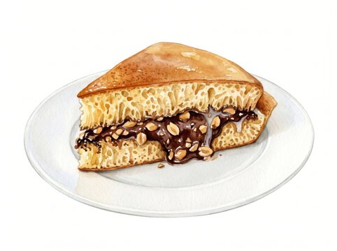 Appetizing Watercolor Illustration of Martabak Manis (Indonesian Sweet Pancake) with Melted Chocolate and Crunchy Peanuts, a Traditional Asian Dessert, Hand-Drawn on White Plate for Menus.