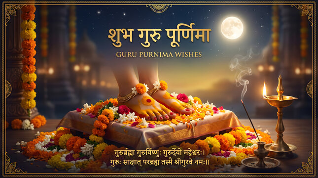 Guru Paduka worship with marigold flowers diya and sacred Guru Purnima blessing illustration