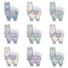 Obraz premium Colorful cartoon llamas in rows standing.