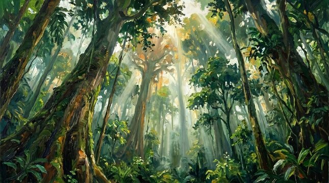 Impressionist Oil Painting of Dense Amazon Rainforest Jungle with Morning Mist