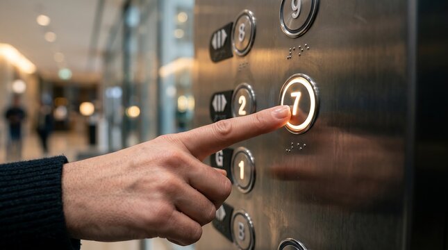 A person's finger pressing the illuminated number 7 button on a metallic elevator control panel inside a modern building.