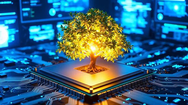 Tree glowing on a circuit board