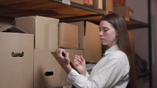 Blurred woman near stacked boxes in a dim storage room